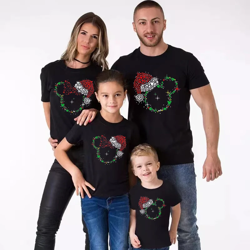 Disney Christmas Hat Shirts Mickey Minnie Head Xmas Party T-shirts Family Matching Dad Mom Kids Disneyland Trip Outfits Clothes