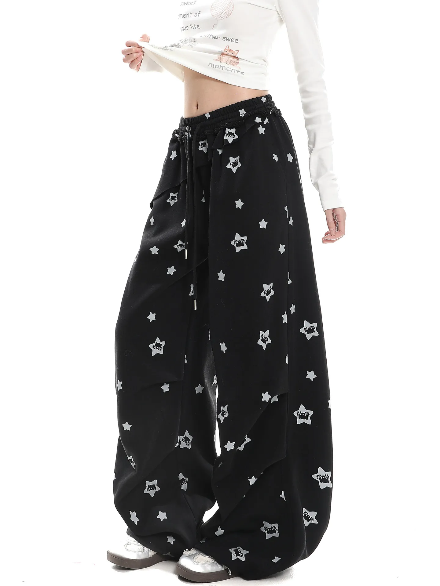 

Американские ретро-брюки с принтом звезд, широкие, женские, весенние, новые, свободные, с высокой талией, повседневные, прямые, утягивающие, длинные брюки