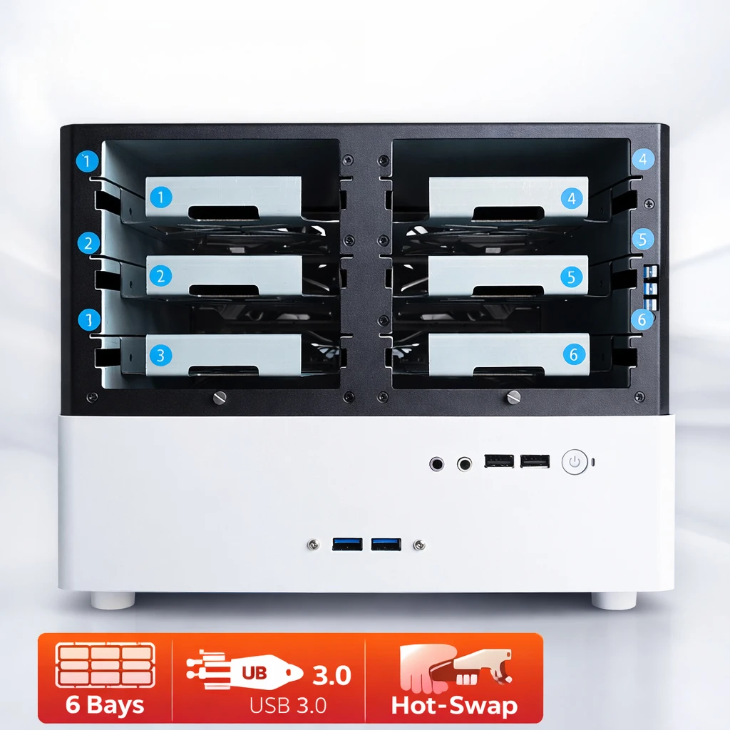 6 Bay NAS Case Mini ITX DIY Server Chassis with SATA Backplane, Support 1U PSU, for 2.5