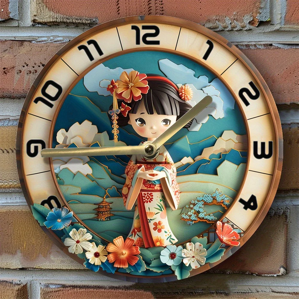 Silent Aluminum Wall Clock with Japanese Kimono Design- Diy,Spring-Loaded for Kitchen & Halloween Decor Wall Clock Modern Design