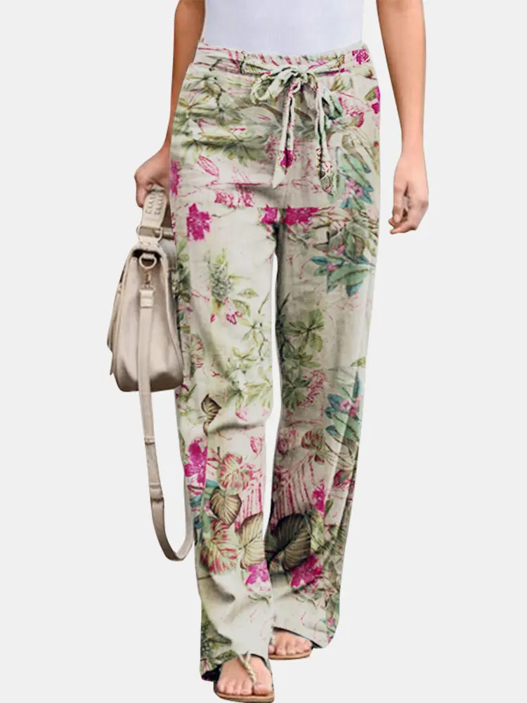 

Хлопковые льняные повседневные удобные женские брюки с эластичным поясом, прямые брюки с цветочным принтом, летняя мода