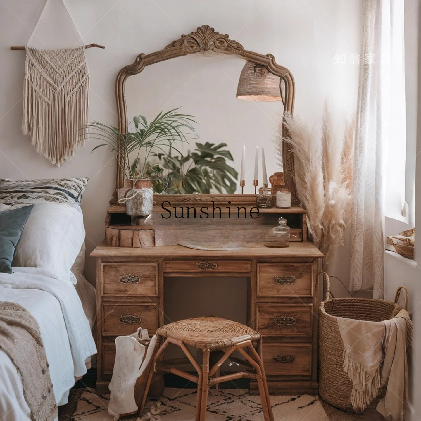 

French retro solid wood carving flower dresser small apartment bedroom with makeup mirror multi-drawer