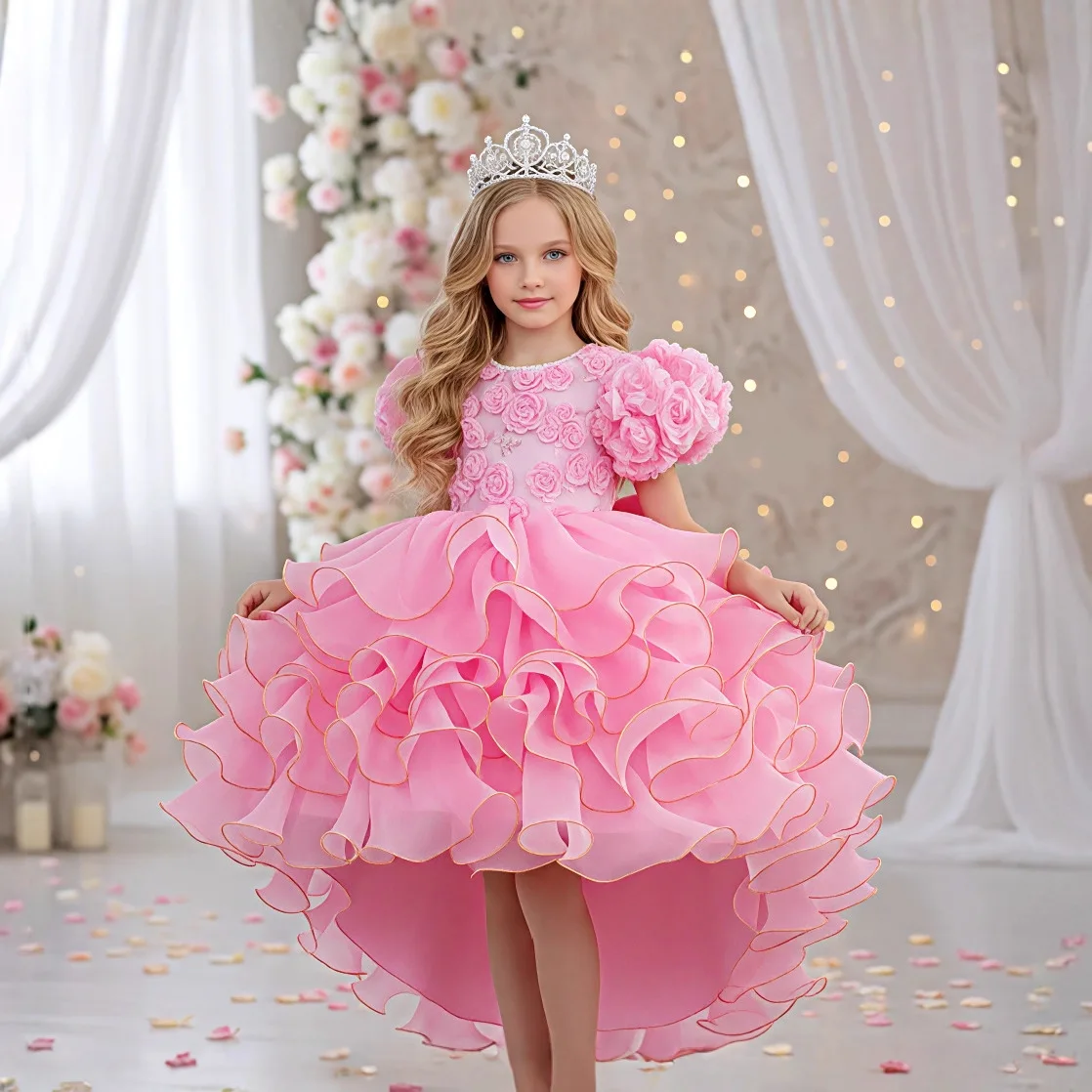 

KLFLGD праздничные платья для девочек, розовые пышные рукава, вышитый хвост, торт, элегантное великолепное подиумное платье принцессы, костюм для девочек-цветочниц