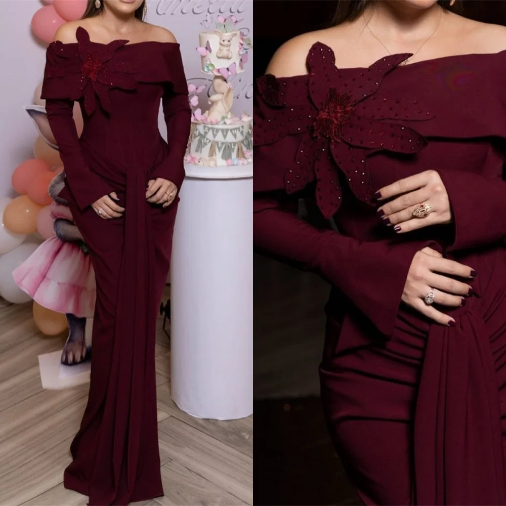 

Customized Formal Purple Jersey Evening Dress Classic Strapless Off the Shoulder Long Sleeves Zipper Back Special Occasion Gowns
