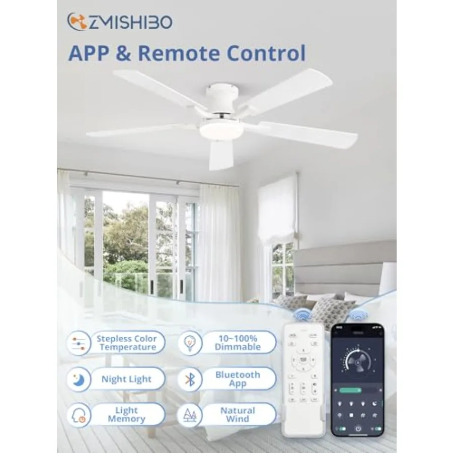 52 Inch Ceiling Fan with Light for Bedroom Living Room Apartment, White ABS Plastic, Dimmable 20W LED Light, Quiet Reversible M