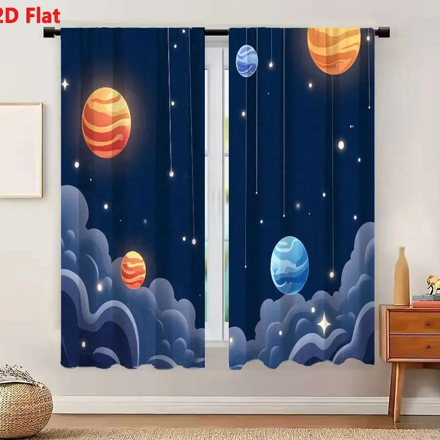 2Pcs Curtains 2D Flat Whimsical Night Sky With Colorful Planets Glowing Orbs And Dreamy Clouds Window Drapes for Bedroom Room De