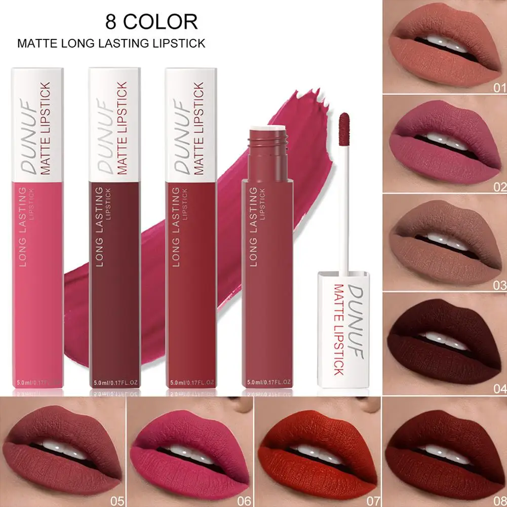 8 Colors Matt Velvet Lip Gloss Brown Red Nude Liquid Lipstick Long Lasting Waterproof Non-stick Cup Lip Glaze Lips Tint Makeup