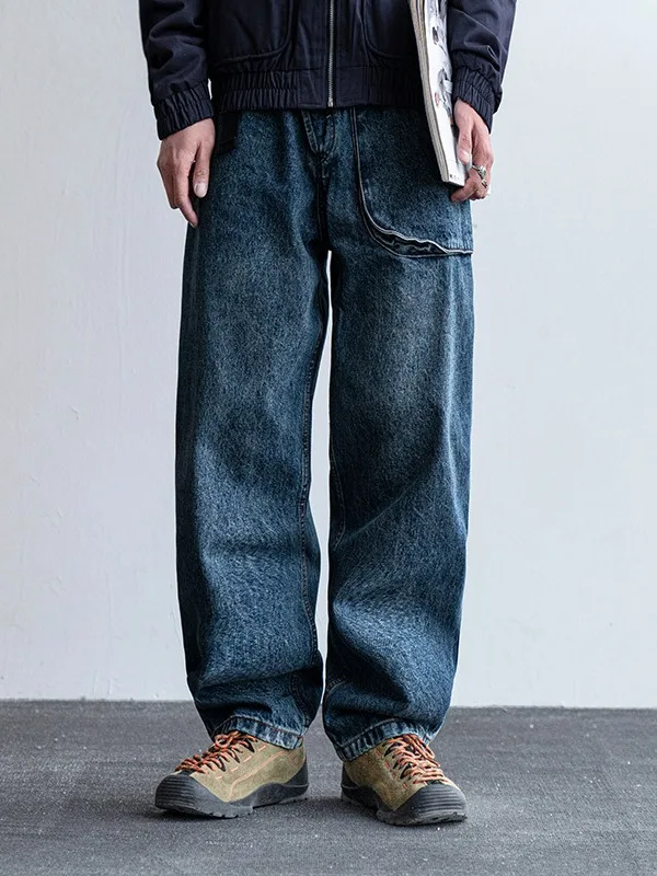

Waed Denim Jeans Men's Spring Autumn New American Retro Big ket Workwear Pants Loose Straight Leg Trousers for Youth