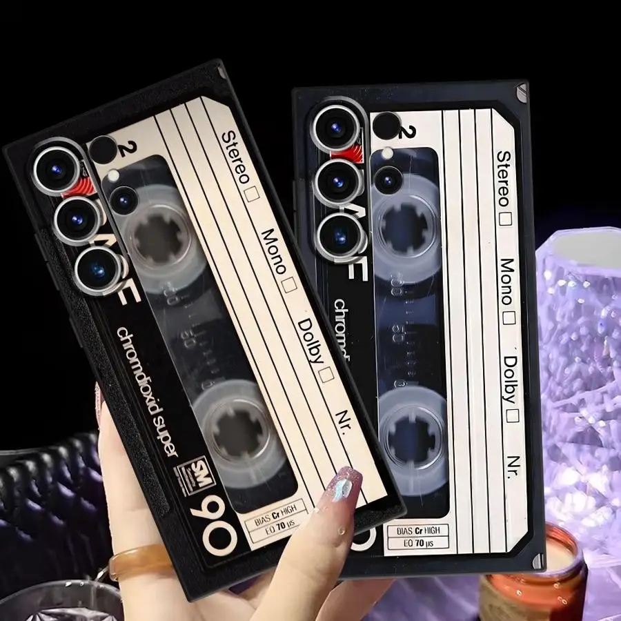 حافظة لهاتف سامسونج جالاكسي S21 FE S24 Plus S23 Ultra S20 S25 Edge غطاء هاتف ناعم أسود شريط كاسيت ريترو