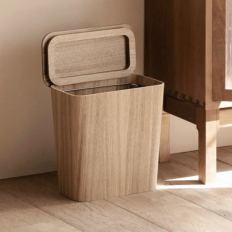 Wooden Trash Can with Lid Simple Japanese Style Square Waste Basket for Office Home Hotel B&B Storage Bin Paper Bucket