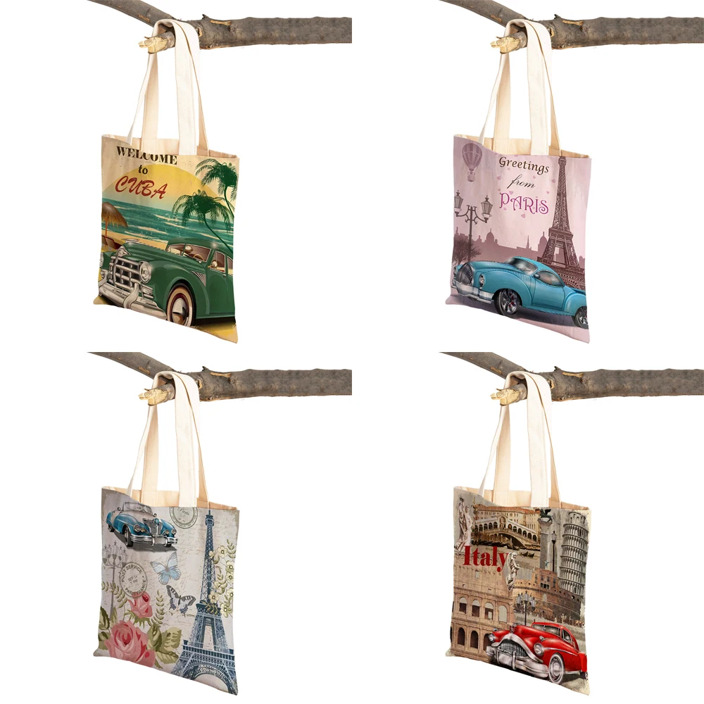 Stamp Girl Car Beach Paris Tower Rose Lady Tote Handbag Fashion  Nordic London Art Casual Women Shopping Shoulder Bag