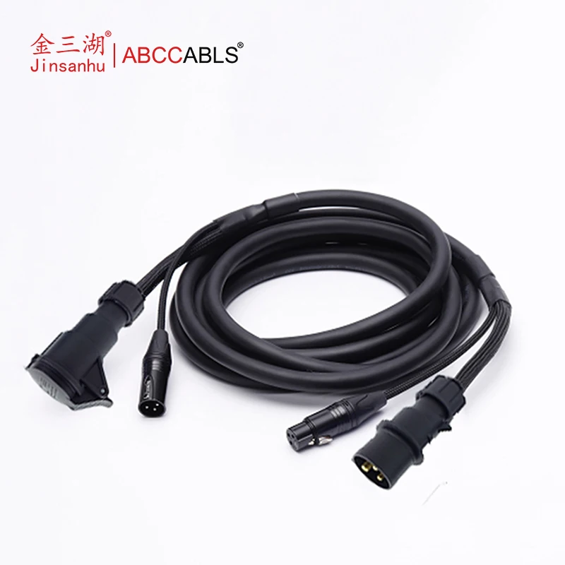 CEE 16A 3Pin Male to Female Combo Cable with Dual XLR 3Pin DMX Cord, Stage Power & Signal Integrated Cable for Live Performance