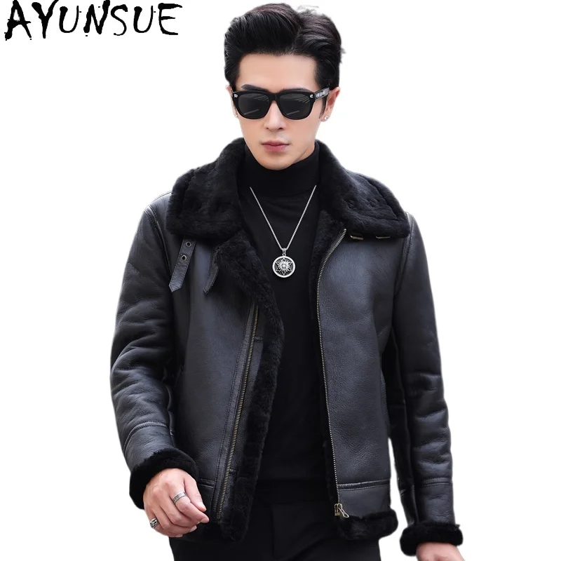 

AYUNSUE натуральная шерстяная шуба мужская зимняя теплая куртка из 100% натуральной кожи мужские короткие летные куртки черные меховые пальто мотоциклетные