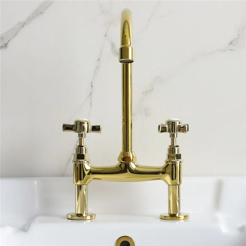 

Gold Brass Pot Filler Tap Deck Mounted Rotating Kitchen Faucet Hot and Cold Dual Holes Sink Tap Rotate Spout