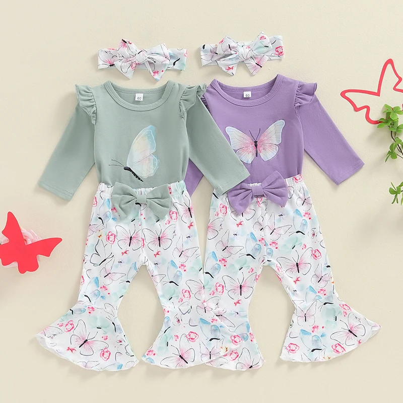 

2024-05-15 Lioraitiin Baby Girl Fall Outfit Ruffled Long Sleeve Romper with Butterfly Pattern Flare Pants and Headband 3Pcs Set