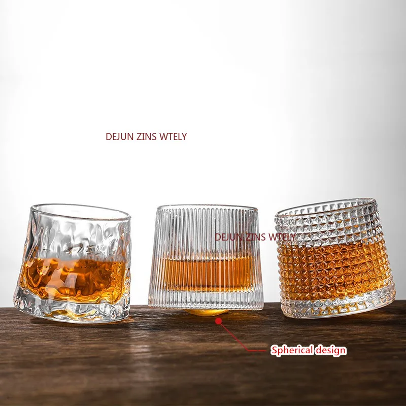 Vintage Embossed Rotating Whisky Glass Clear Crystal Glass Cup Bourbon Cocktail Brandy Restaurant Household Drinking Glassware