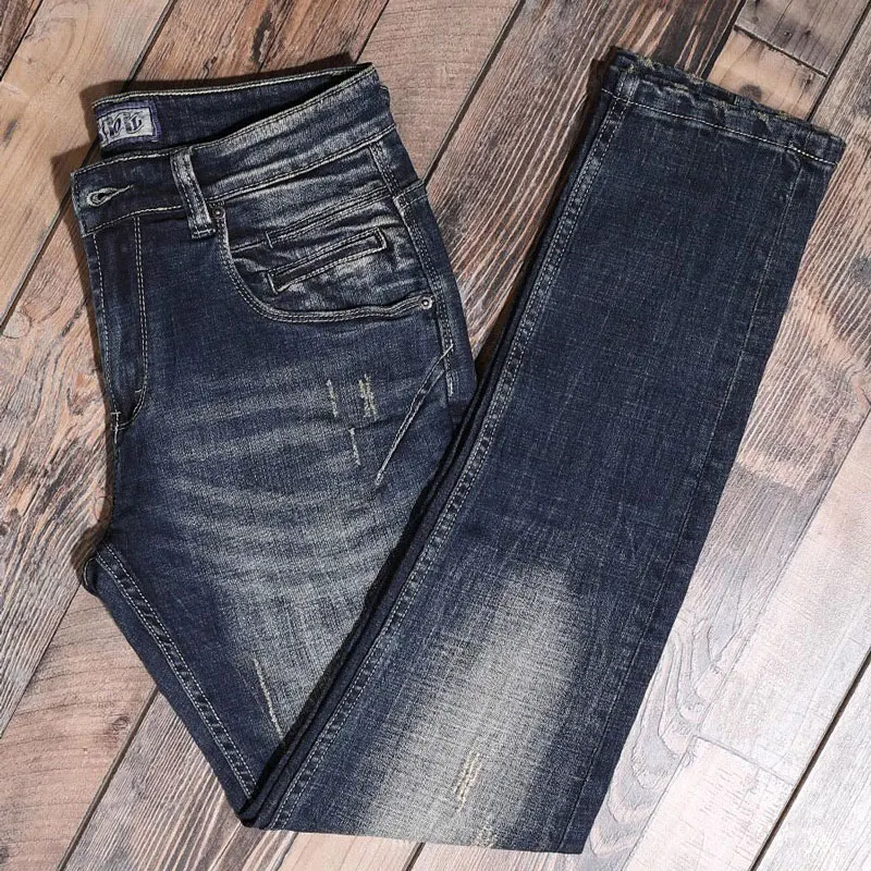 Fashion Vintage Men Jeans Retro Washed Black Blue Elastic Stretch Slim Fit Ripped Jeans Men Spliced Designer Denim Pants Hombre