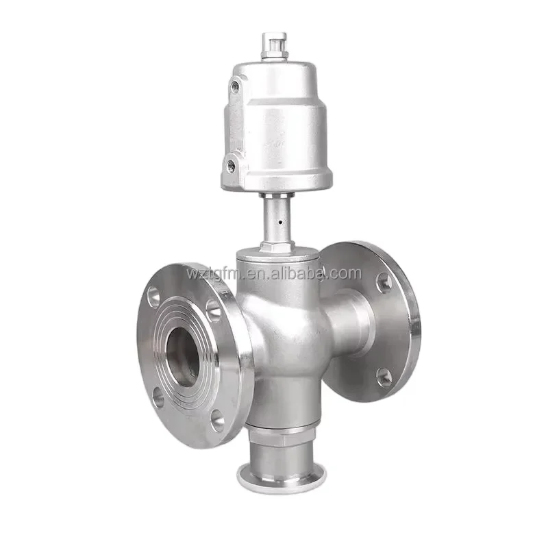 CF8 Stainless Steel Flanged Pneumatic Angle Seat Valve 3 Way PN16 Steam Fluid Control Diversion Industrial Pipeline Fitting