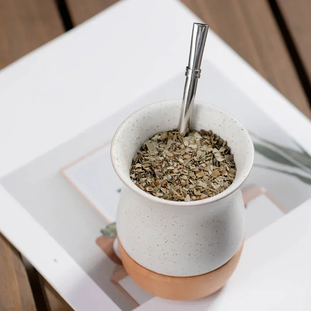 260ml Creative Yerba Mate Cup for Drinkware Gifts Stainless Steel Ceramic Coffee Mugs Straw Spoon Wood Base Milk Water Tea Cup
