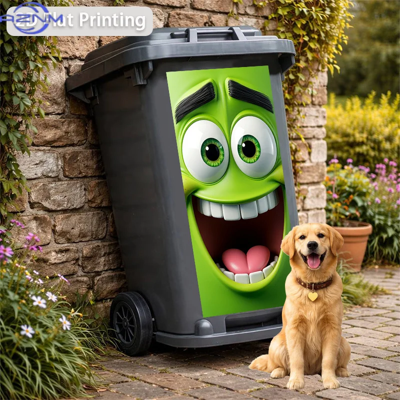 Trash Can Sticker Green Face Big Eyes Maniacally Laughing Themed Design Self-Adhesive Wall Decal Wallpaper for Kitchen Trash C