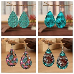 SOMESOOR Vintage Colorful Turquoise Print Waterdrop Shaped Wooden Earrings Elegant Pendant Charms Dangle Jewelry Gifts For Girls