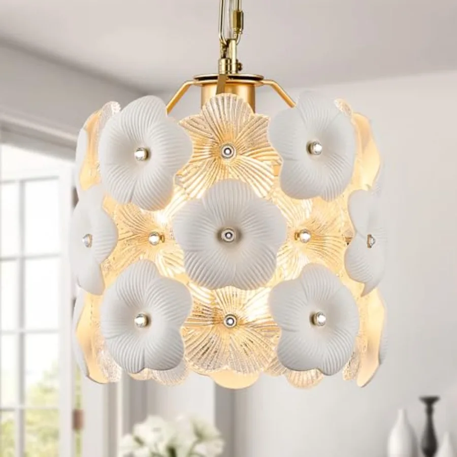 

Gold Glass Pendant Light with White Ceramic Flowers 1-Pack Luxury Small Ceiling Pendant Light Fixture 1-Light for Kitchen Islan