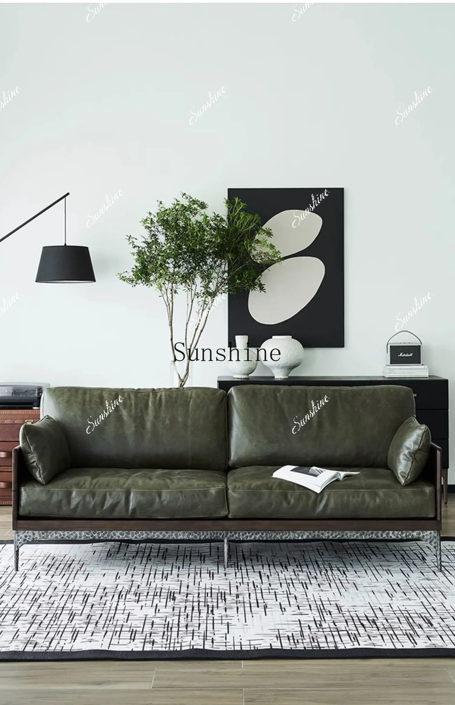 The first layer of cowhide solid wood sofa three people retro medieval living room  FT