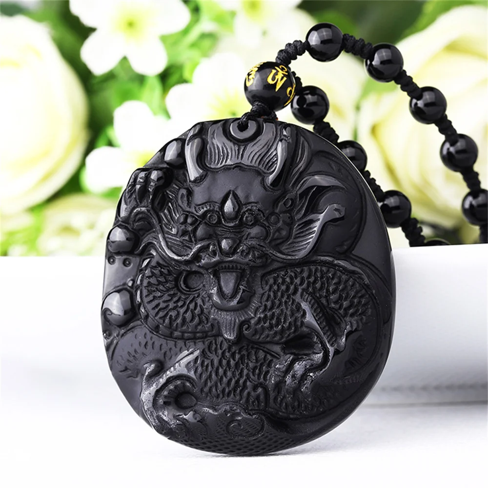 Charm Chinese Handwork Natural Black Obsidian Carved Flying Dragon Lucky Pendant Amulet Beads Necklace Trendy Gift  Jewelry