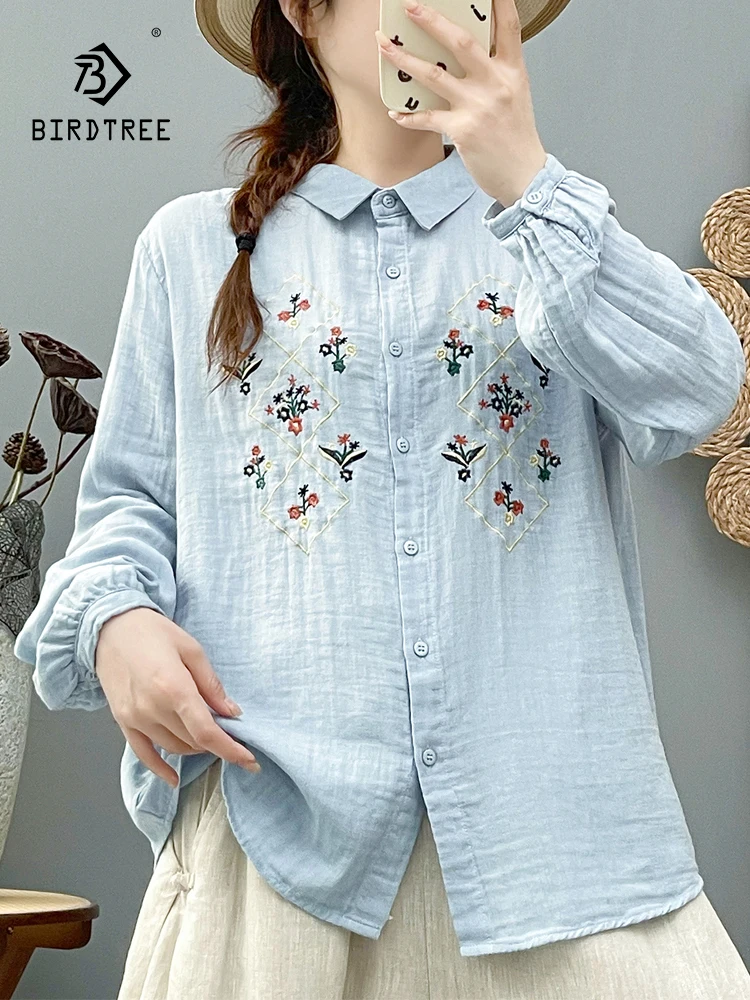 

Новинка 2025, осенняя рубашка с длинными рукавами из хлопковой пряжи, женская рубашка с отложным воротником и вышивкой, дышащая свободная блузка Mori Girl T59481CC