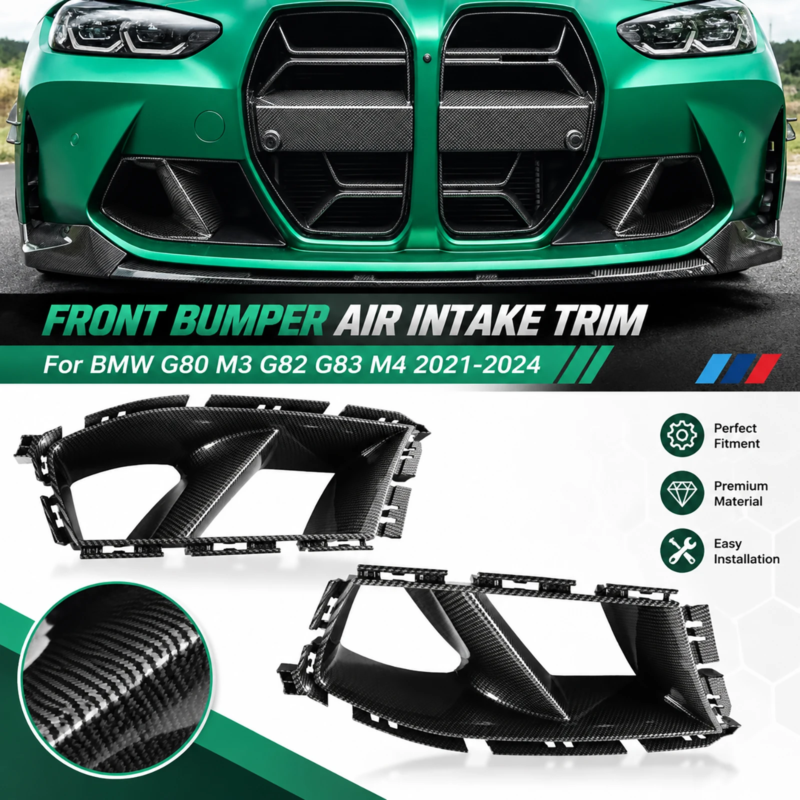 Frontstoßstangen-Seitenlüftungsabdeckung für BMW G80 M3 G82 G83 M4 2021-2024 Carbon-Optik Glänzend Schwarze Nebelscheinwerferabdeckung
