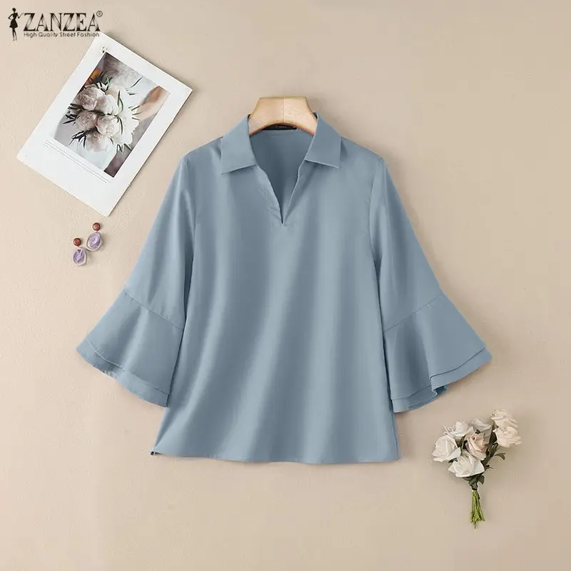 

ZANZEA Women's Elegant Layered Flare Sleeves Blouses Turn-Down Collar Solid Color Blouse Spring Summer Fashion Casual Woman Tops