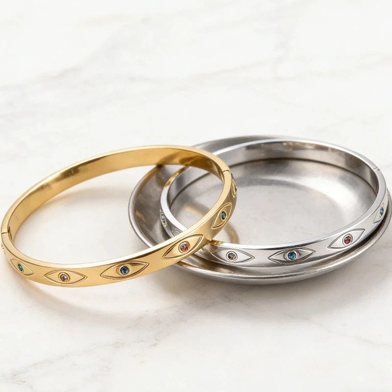 Hypoallergenes Edelstahl-Armband mit bösem Blick, vergoldet/versilbert, wasserdichter Schmuck für den täglichen Gebrauch. – Detail 6