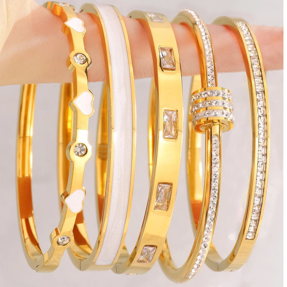 ZAKOL 5 stücke/1 stücke Weiß Geometrische Kristall Zirkon Edelstahl Gestapelt Armbänder Für Frauen Weihnachten Geburtstag Schmuck Geschenke