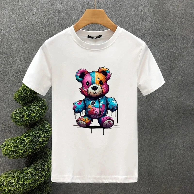 2024 New For Men's T-shirt High Quality 100% Cotton Colours Bear Printing Summer Casual Cool Loose O-Neck T-Shirt Male Tops 2yk