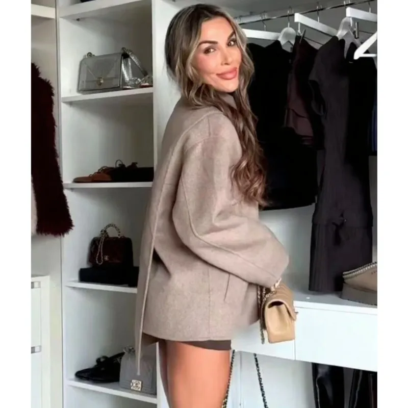 عارضة الصوف مزيج معطف سترة المرأة وشاح طوق فضفاض طويلة الأكمام الخريف جيب واحدة الصدر أزياء الإناث قمم #2