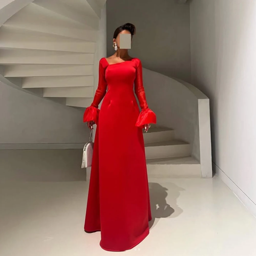 

Customized Irregular V-neck A-line Red Satin Evening Dresses Full Puff Sleeves Pleat Prom Gown Floor Length Party Gown For Women