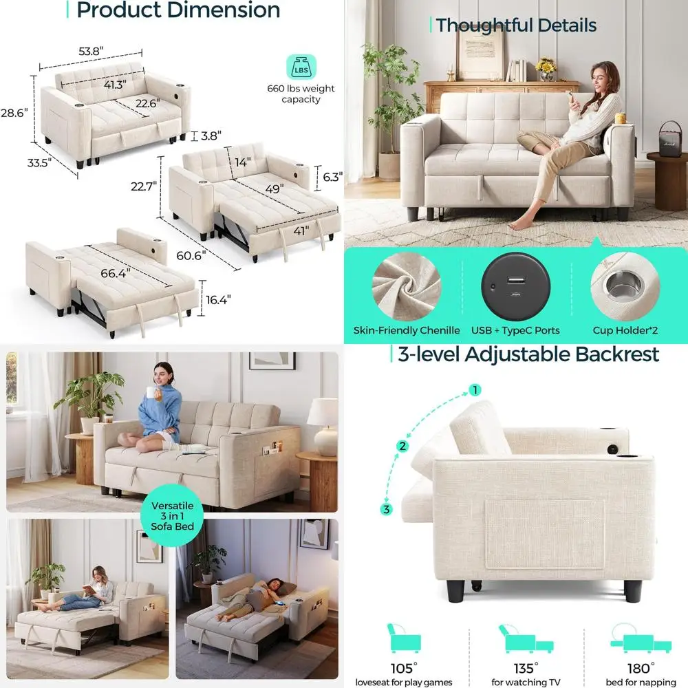 54 Pull-Out Sofa Bed with Charging Station, Cup Holder, 3-in-1 Convertible Couch for Small Spaces, Chenille Beige