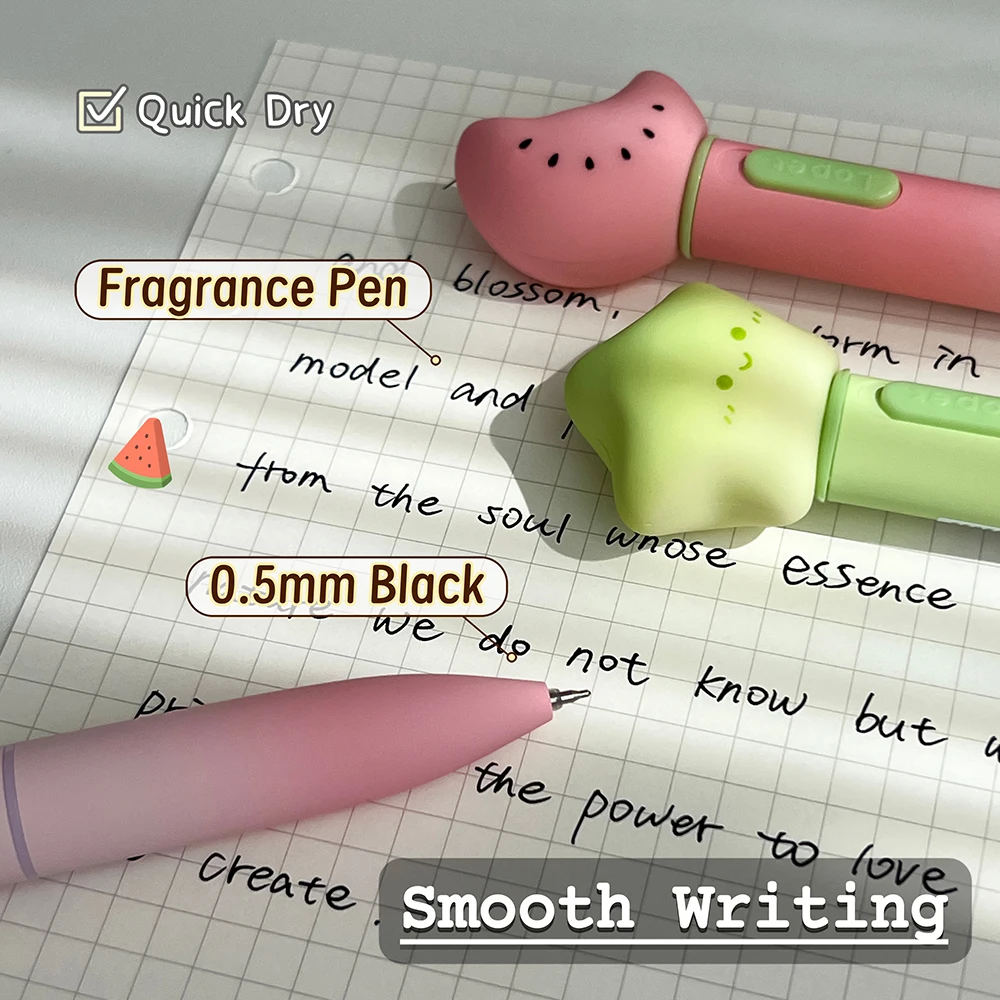 2Pcs Fun Fruit Light Up Gel Pen 0.5mm Black Quick-Dry Fragrance Pen Strawberry Watermelon Cute-Shaped Writing Pen