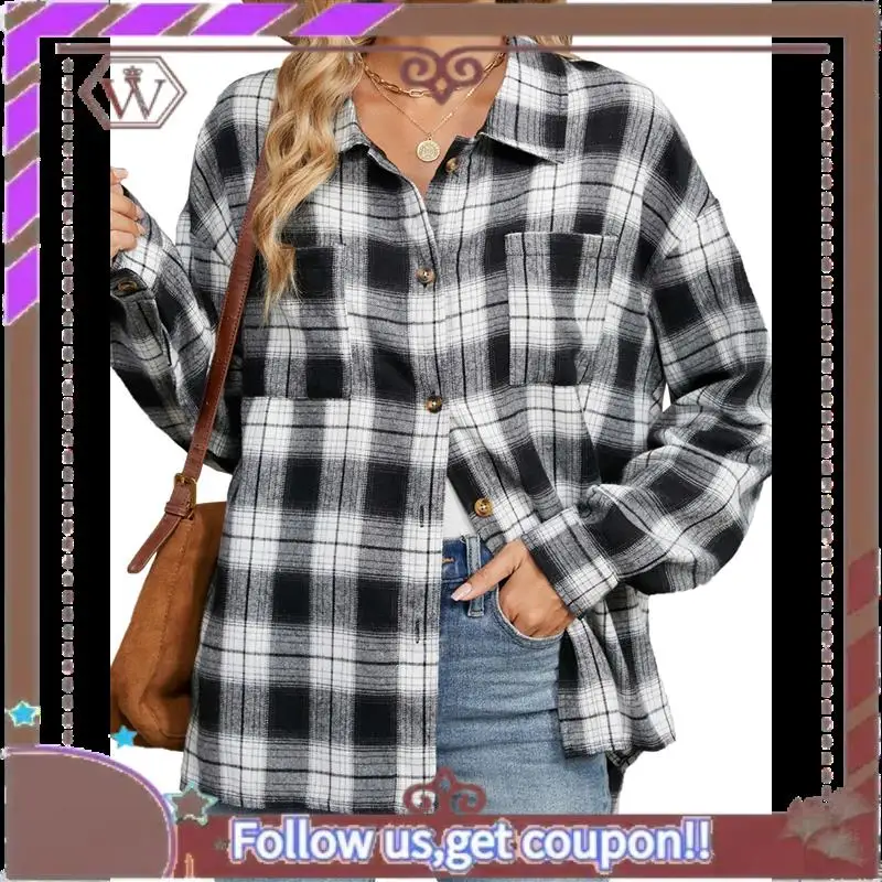 

A95D-Womens Button Down Flannel Shirts Long Sleeve Plaid Shackets Business Casual Blouse Top