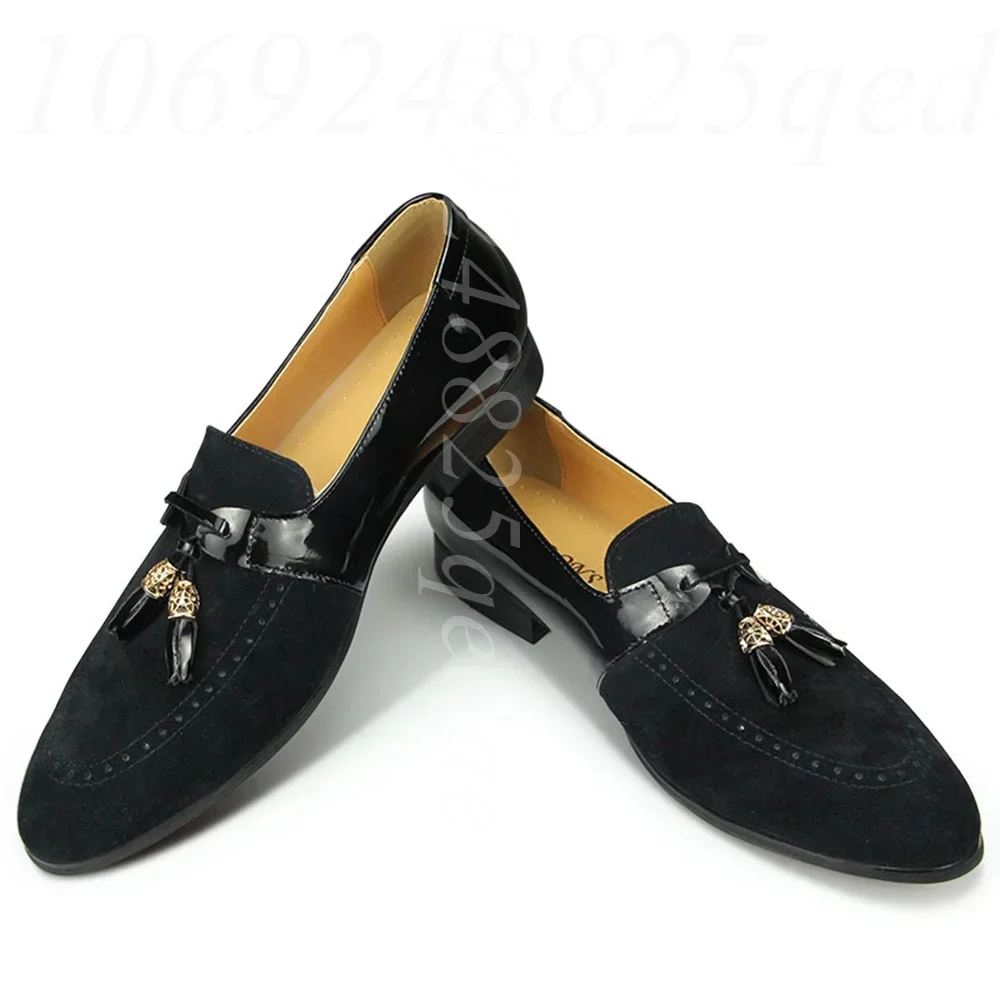 Men's Black Suede & Patent Leather Tassel Loafers with Gold Ornament Slip-On Dress Shoes for Formal Business & Casual Daily Wear