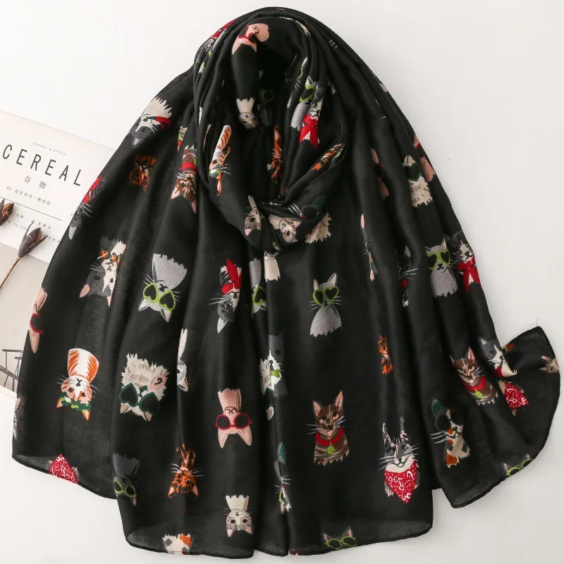 Cute Cartoon Cat Print Cotton Viscose Scarf Women Soft Thick Warm Shawls Wrap Fashion Animal Pattern Scarves Beach Sunscreen New
