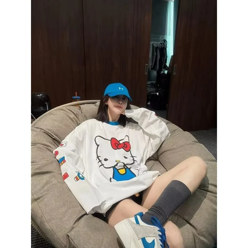 

K-POP Cute New Cartoon Kitty Printed Long Sleeved T-shirt and Quick Drying Loose Top for Autumn