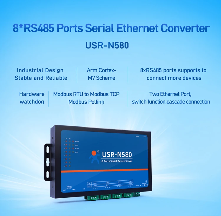 USR-N580 Industrial Serial Ethernet Converter 8 Serial Port RS485 Serial Device Server Support ModBus RTU to TCP Ethernet