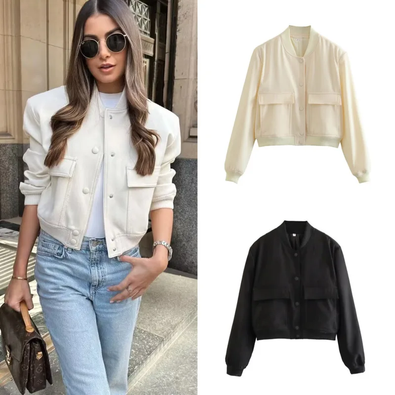 

Fashion Woman Bomber Jacket Coat White Autumn Winter Button Baseball Aviatored Cropped Jackets Female Long Sleeve Crop Outerwear