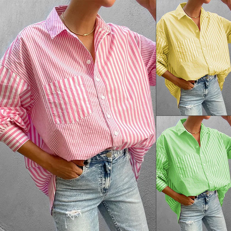 Femme Shirt 2025 Spring Autumn Striped Printed Casual Pockets Blouse Temperament Long Sleeve Loose Elegant Woman Office Lady Top