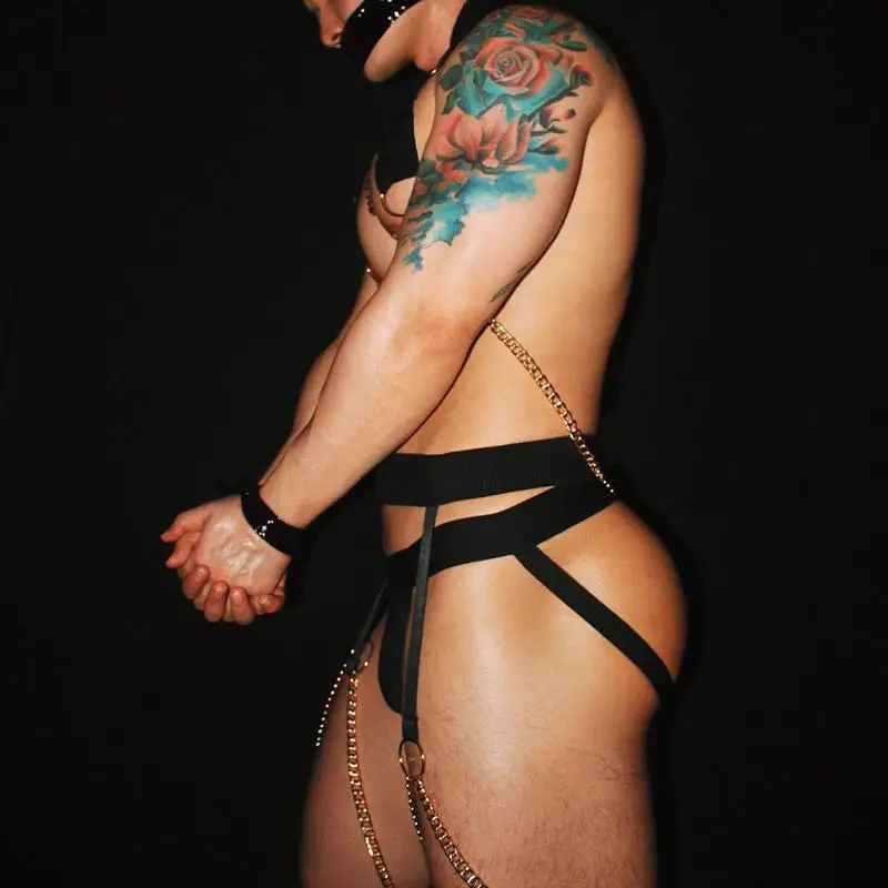 الرجال القوطية سلسلة الجسم تسخير الأشرطة الجلدية قابل للتعديل مع سلاسل الصلب الشرير مشد سترة بديل موضة BDSM هالوين #3