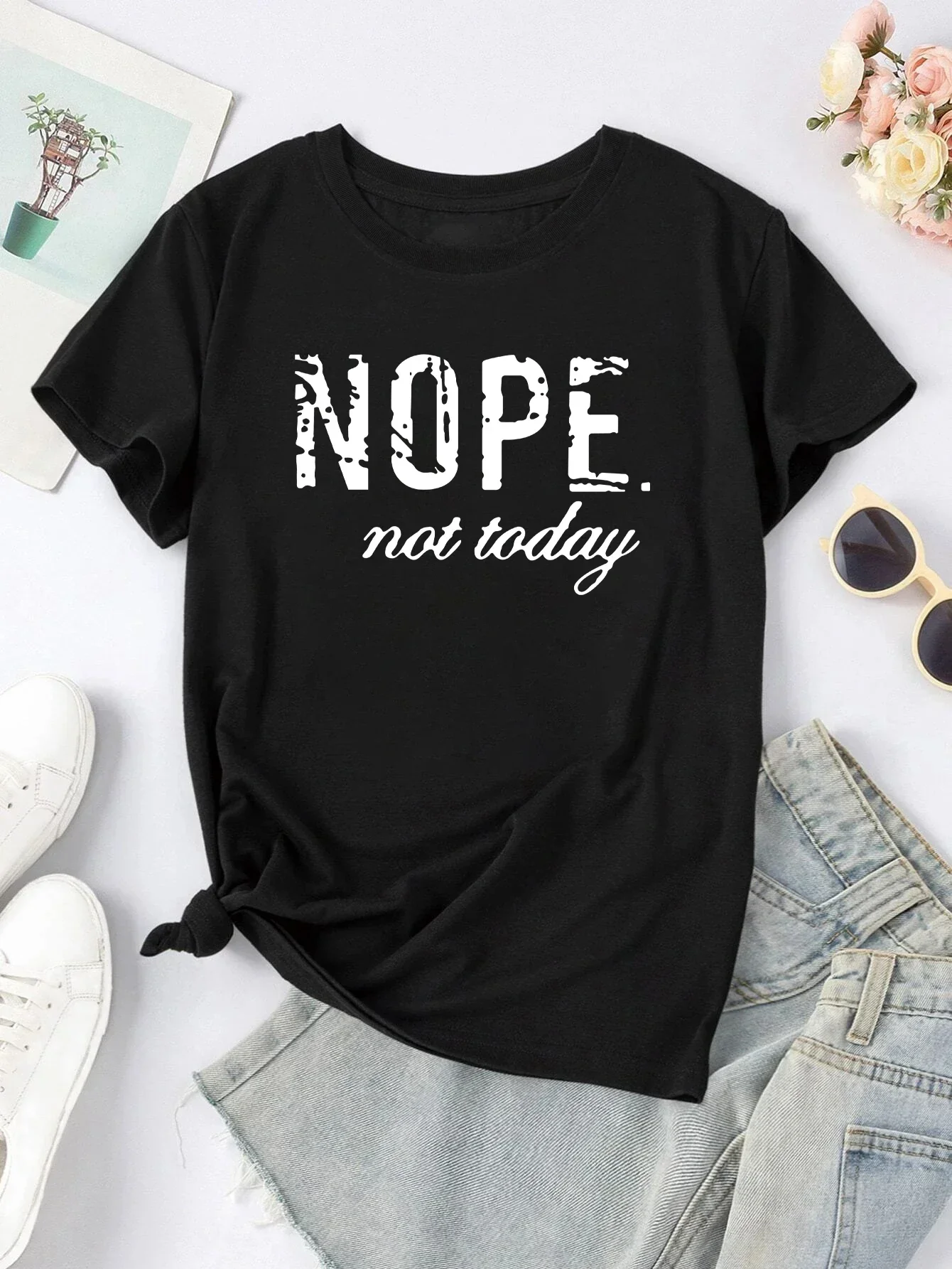 

Nope Not Today Plus Size Letter Print Graphic T-Shirt Cute Short Sleeve Crew Neck Shirt Casual Every Day Tops Women's Clothing