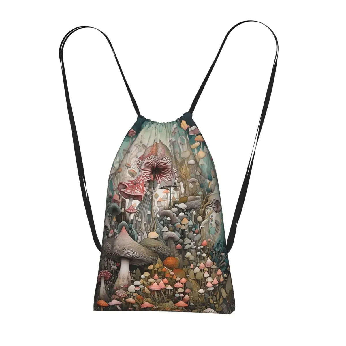 Magical Mushroom Field Drawstring Backpack Sports Gym Bag Lightweight Foldable Storage Drawstring Bag for Men Women