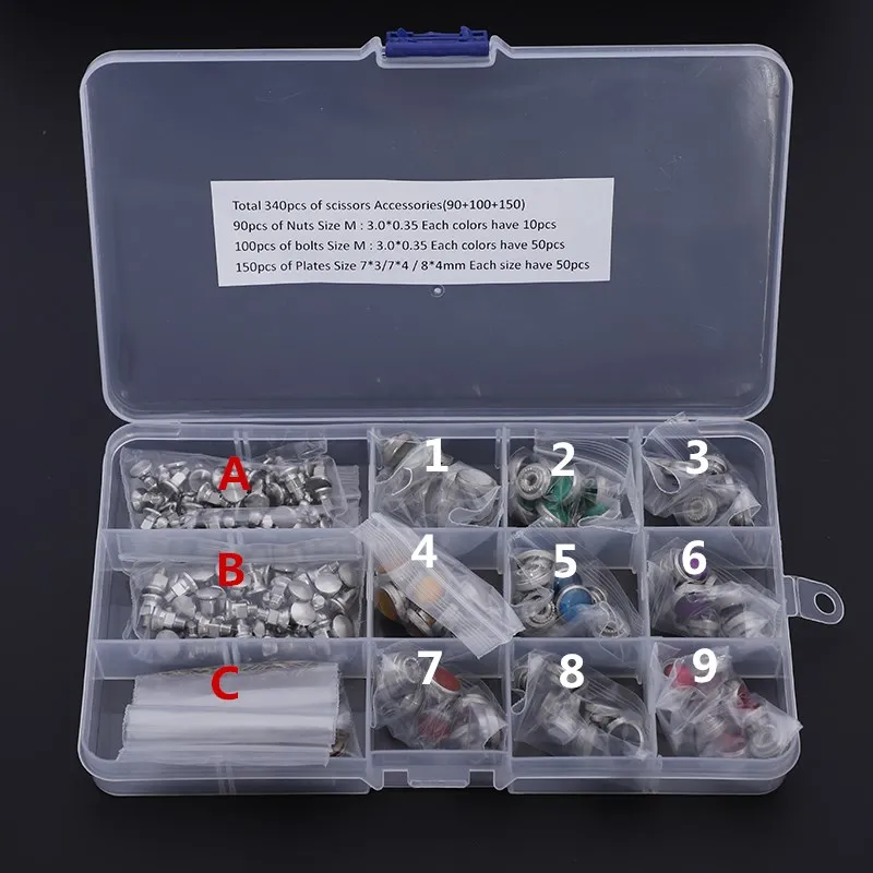 Professional 1 box 340pcs Hair Scissors Screws Nuts Bolts Metal Washers Plates Muti-sizes Scissors Repair kits accessories