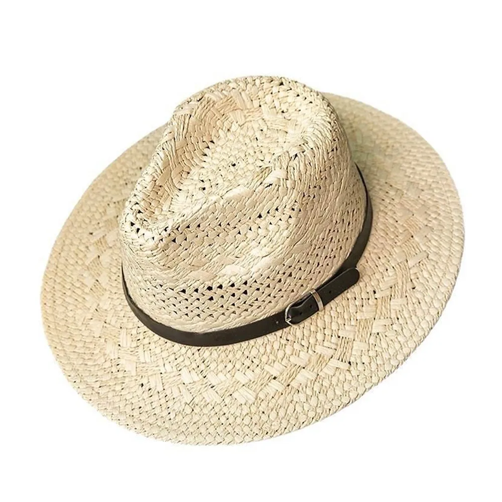 

American Hollow Hollow Straw Hat Wide Brim Jazz Western Cowboy Hat Leather Buckle Sunscreen Visor Cap Travel
